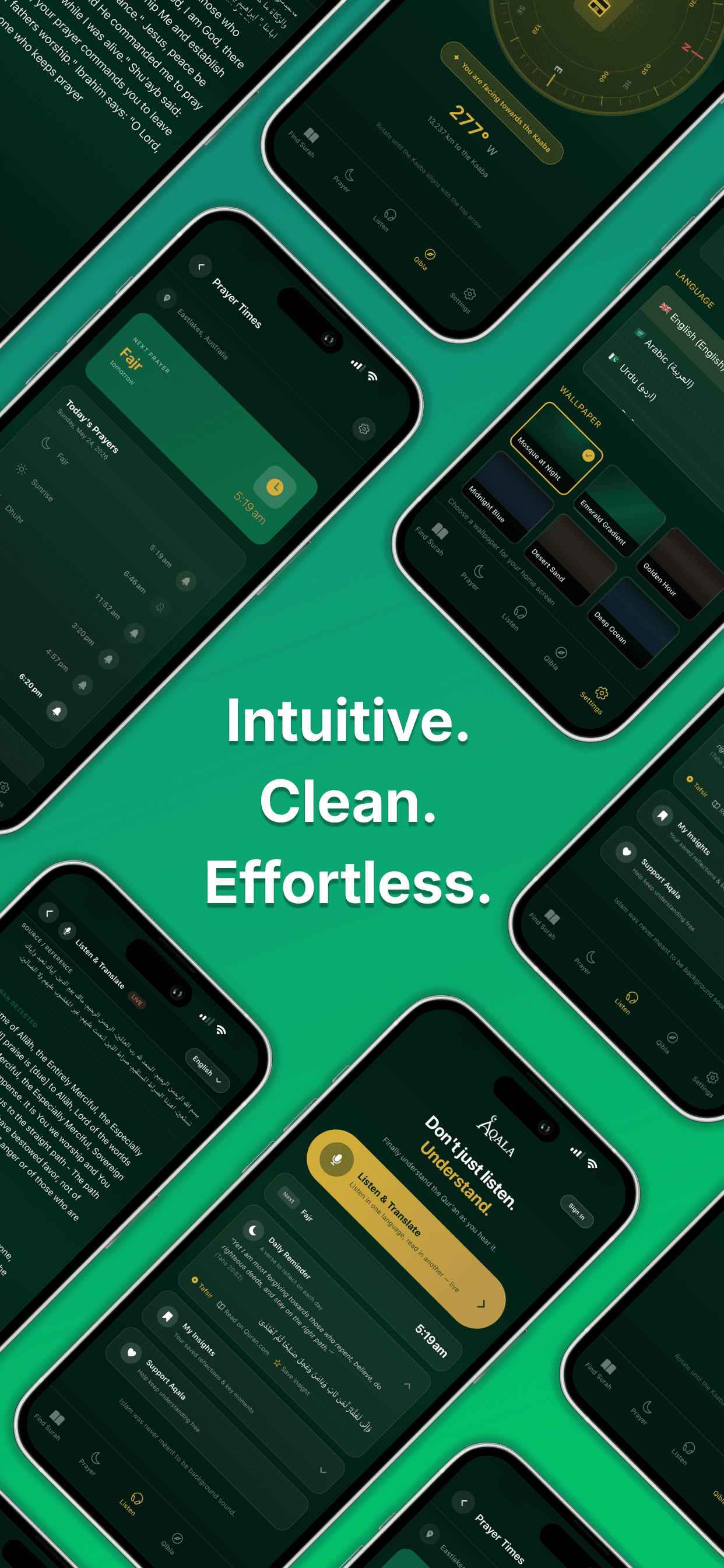 Aqala feature suite shown across multiple phone screens — intuitive, clean, effortless