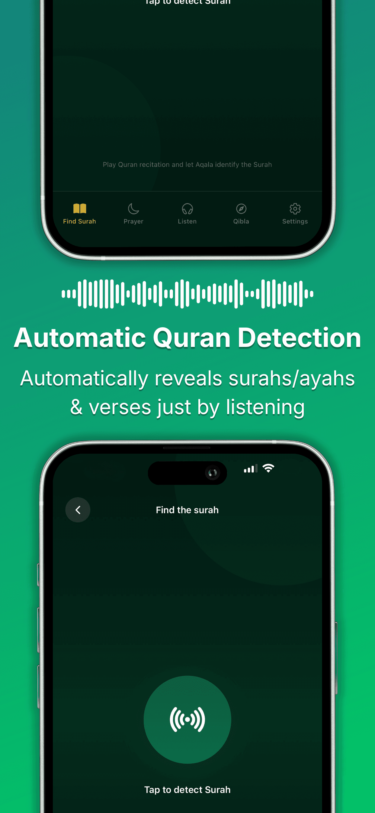 Aqala on iPhone showing Automatic Quran Detection — surahs and ayahs identified just by listening